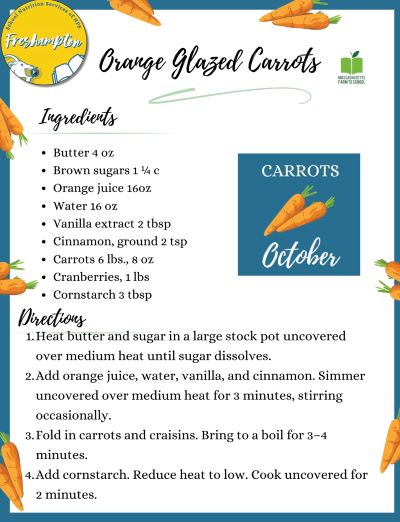 A recipe card for Orange Glazed Carrots featuring a list of ingredients and step-by-step directions, decorated with illustrations of carrots.